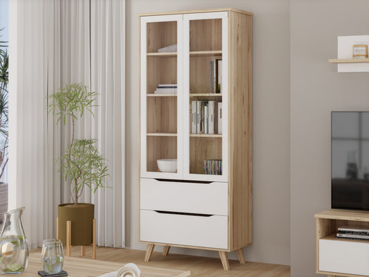 Vitrina Cu 2 Usi Si 2 Sertare Vankka, Stejar Pardosit Si Alb, 84.7 Cm