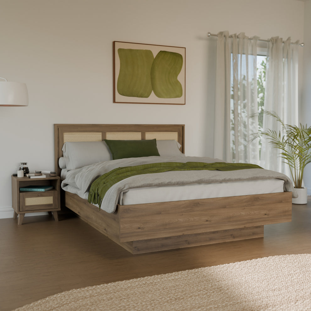 Pat Cu Somiera Rabatabila Glowkiss, Dimensiunea Saltea 160 x 200 Cm, Stejar Valencia Si Ratan Natural