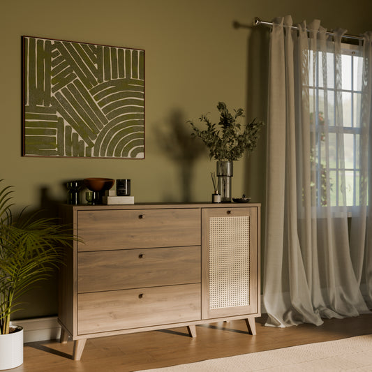 Comoda 1 Usa Si 3 Sertare Glowkiss, Stejar Valencia Si Ratan Natural, 119.5 Cm