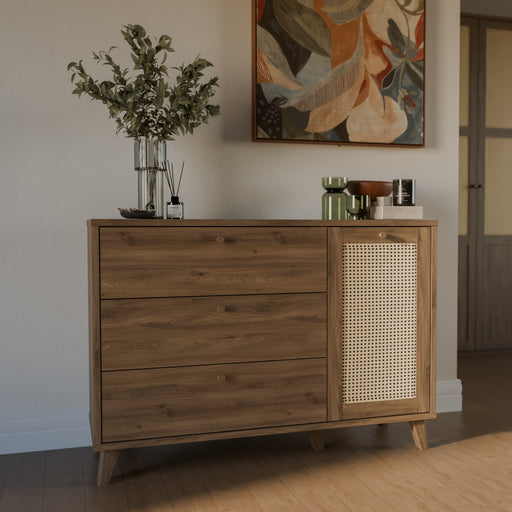 Comoda 1 Usa Si 3 Sertare Glowkiss, Stejar Valencia Si Ratan Natural, 119.5 Cm
