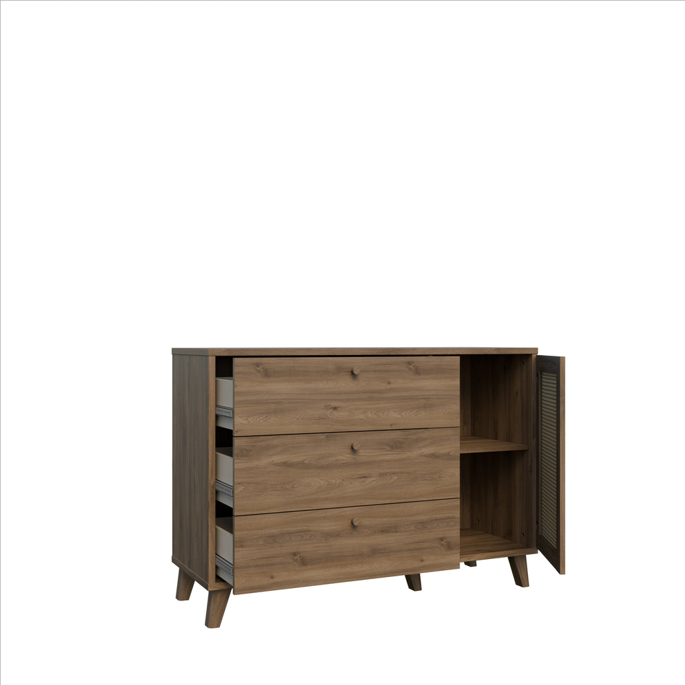 Comoda 1 Usa Si 3 Sertare Glowkiss, Stejar Valencia Si Ratan Natural, 119.5 Cm