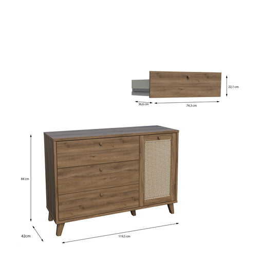 Comoda 1 Usa Si 3 Sertare Glowkiss, Stejar Valencia Si Ratan Natural, 119.5 Cm