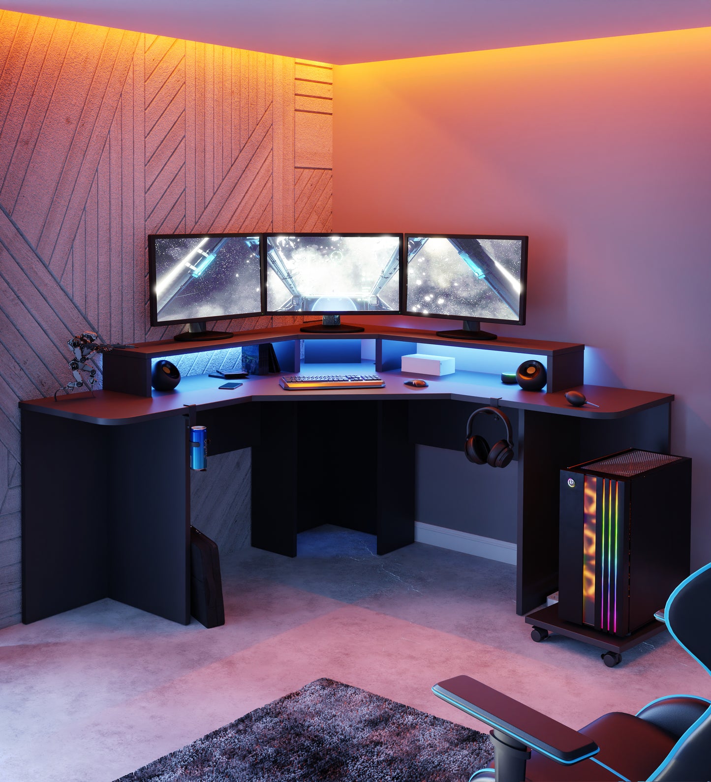Birou Colt Gaming Trezorio, LED-uri RGB, Suport casti si suport bauturi,Negru Mat 160 Cm