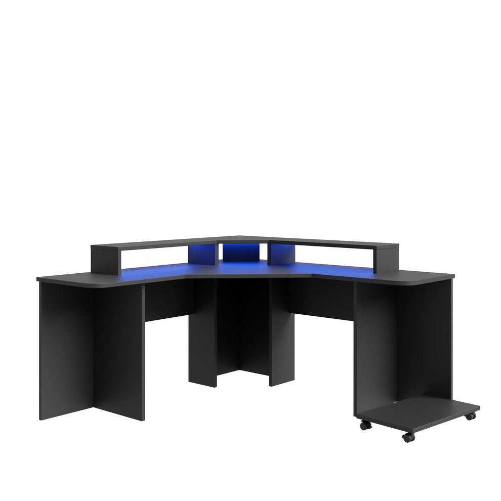Birou Colt Gaming Trezorio, LED-uri RGB, Suport casti si suport bauturi,Negru Mat 160 Cm
