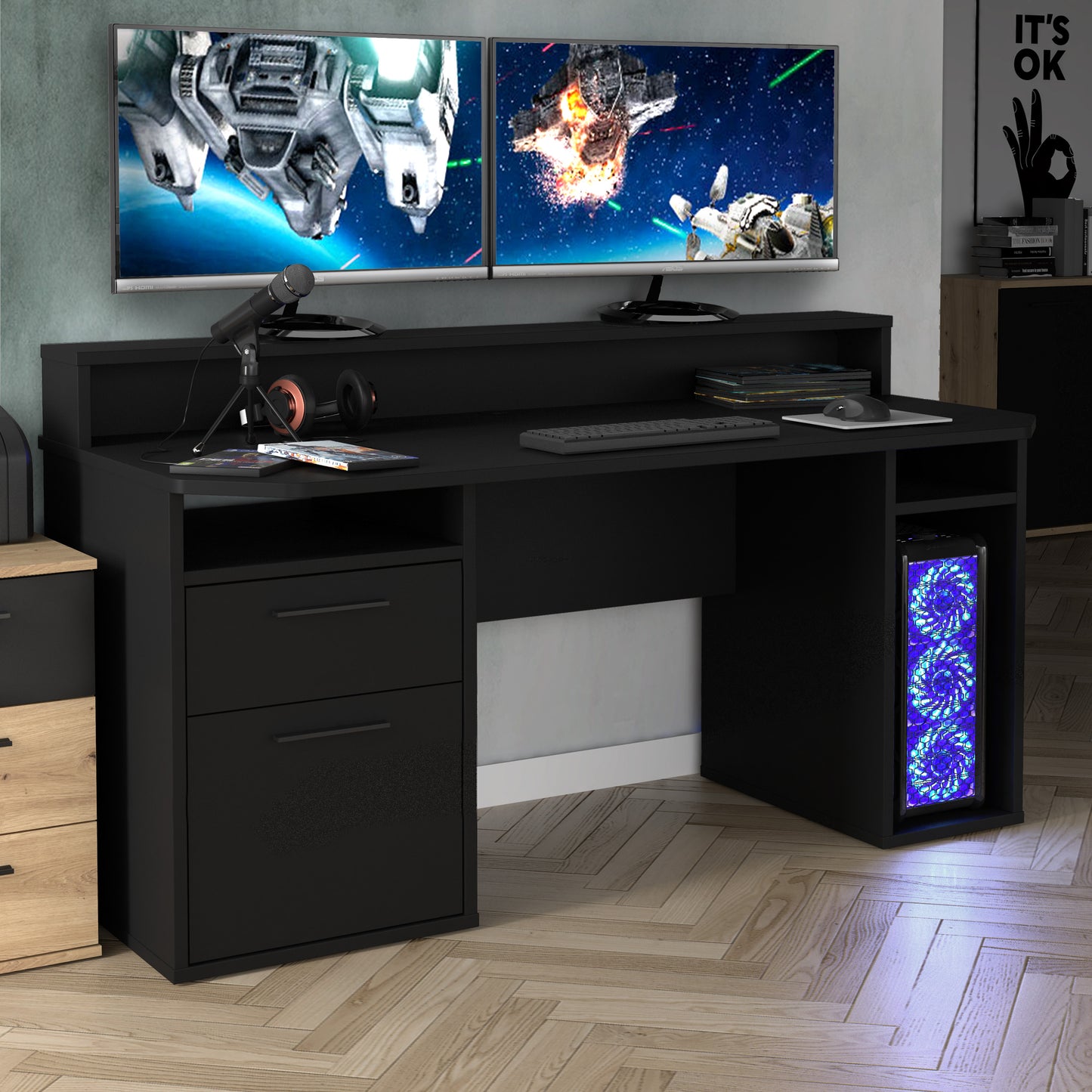 Birou Gaming Trezorio, LED RGB, Suport Casti Si Suport Bauturi, Negru Mat, 160 Cm