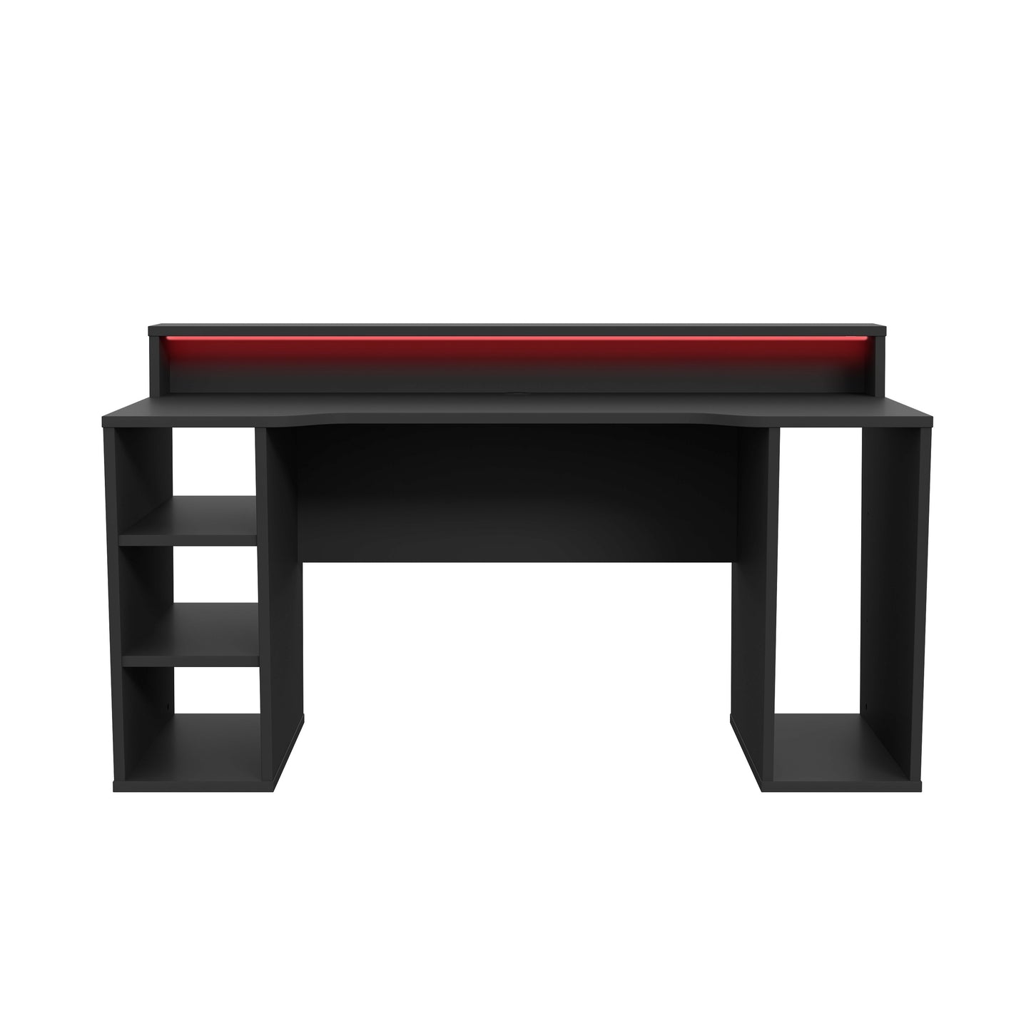 Birou Gaming Trezorio LED RGB, 2 Rafturi, Suport Casti Si Suport Bauturi, Negru Mat,160 Cm