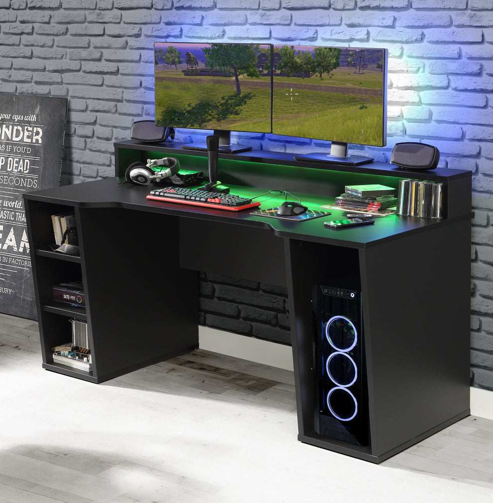 Birou Gaming Trezorio LED RGB, 2 Rafturi, Suport Casti Si Suport Bauturi, Negru Mat,160 Cm