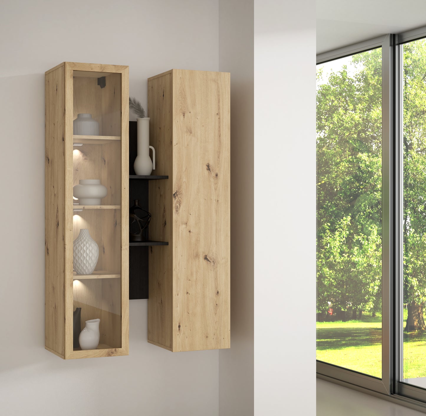 Vitrina Suspendata Bibliotheque, Usi soft close, stejar Cabezone si stejar Artisan, 84.2 Cm