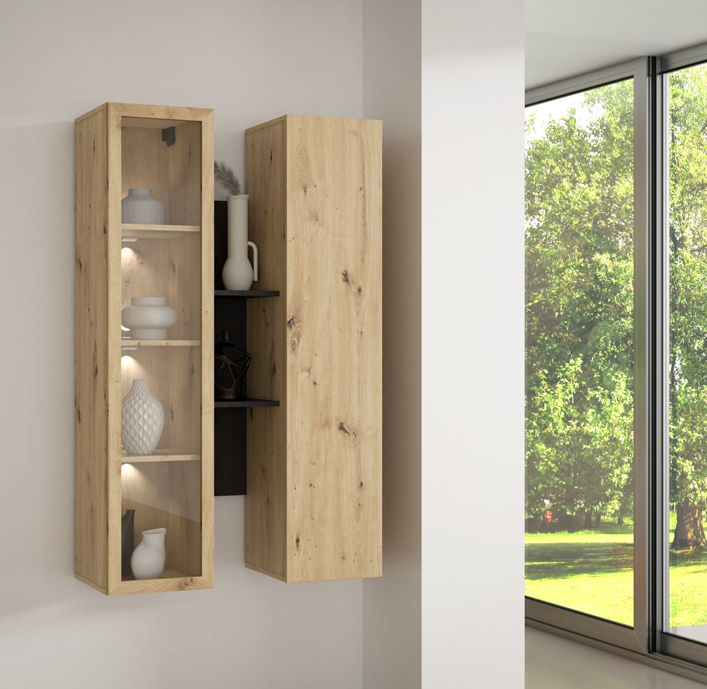 Vitrina Suspendata Bibliotheque, Usi soft close, stejar Cabezone si stejar Artisan, 84.2 Cm
