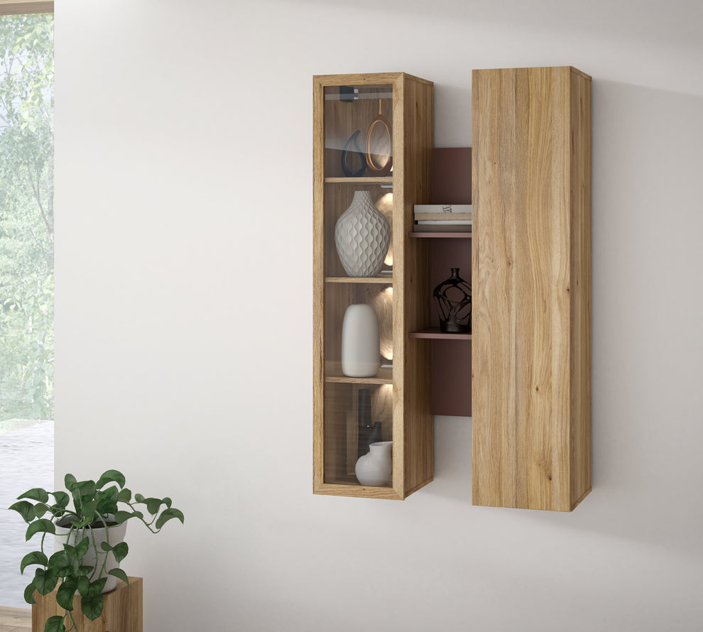 Vitrina Suspendata Bibliotheque, usi cu soft-close, Terracotta si stejar Mauvella, 84.2 Cm