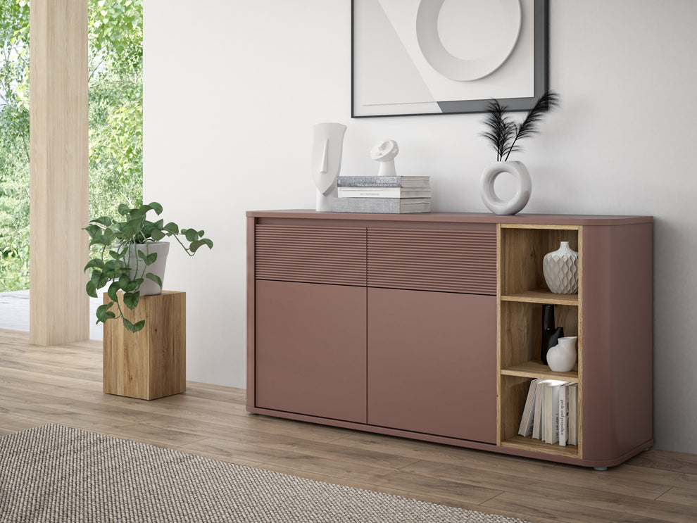 Bufet Cu 2 Usi Si 2 Sertare Bibliotheque , Terracotta si stejar Mauvella, 160 Cm