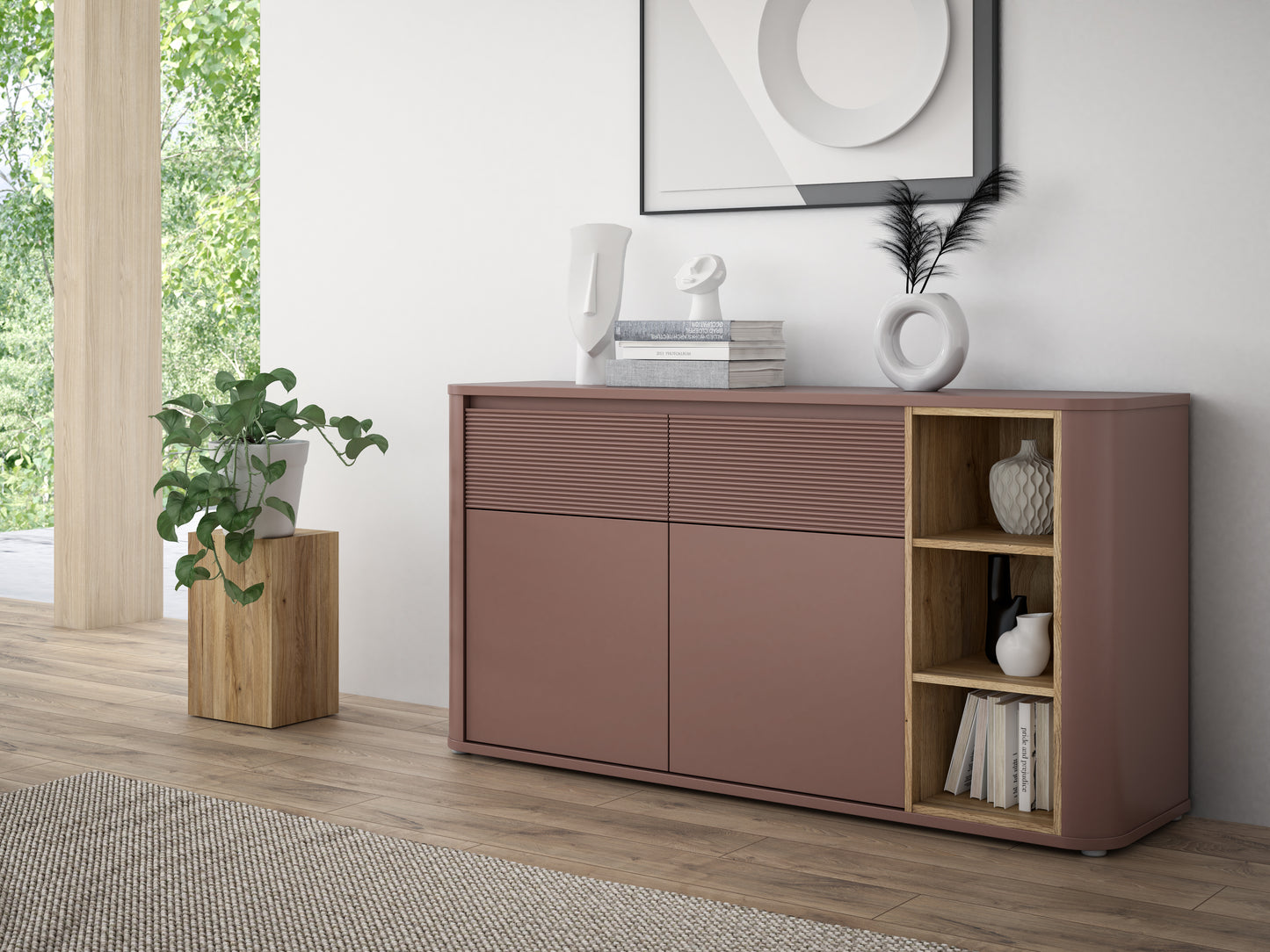 Bufet Cu 2 Usi Si 2 Sertare Bibliotheque , Terracotta si stejar Mauvella, 160 Cm
