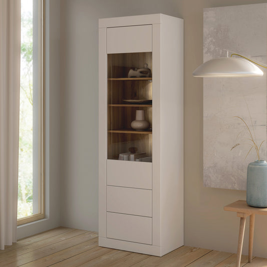 Vitrina Inalta Lufkira, 1 Usa si 2 Sertare cu push-open, Alb Si Stejar Mauvella, 61.3 Cm