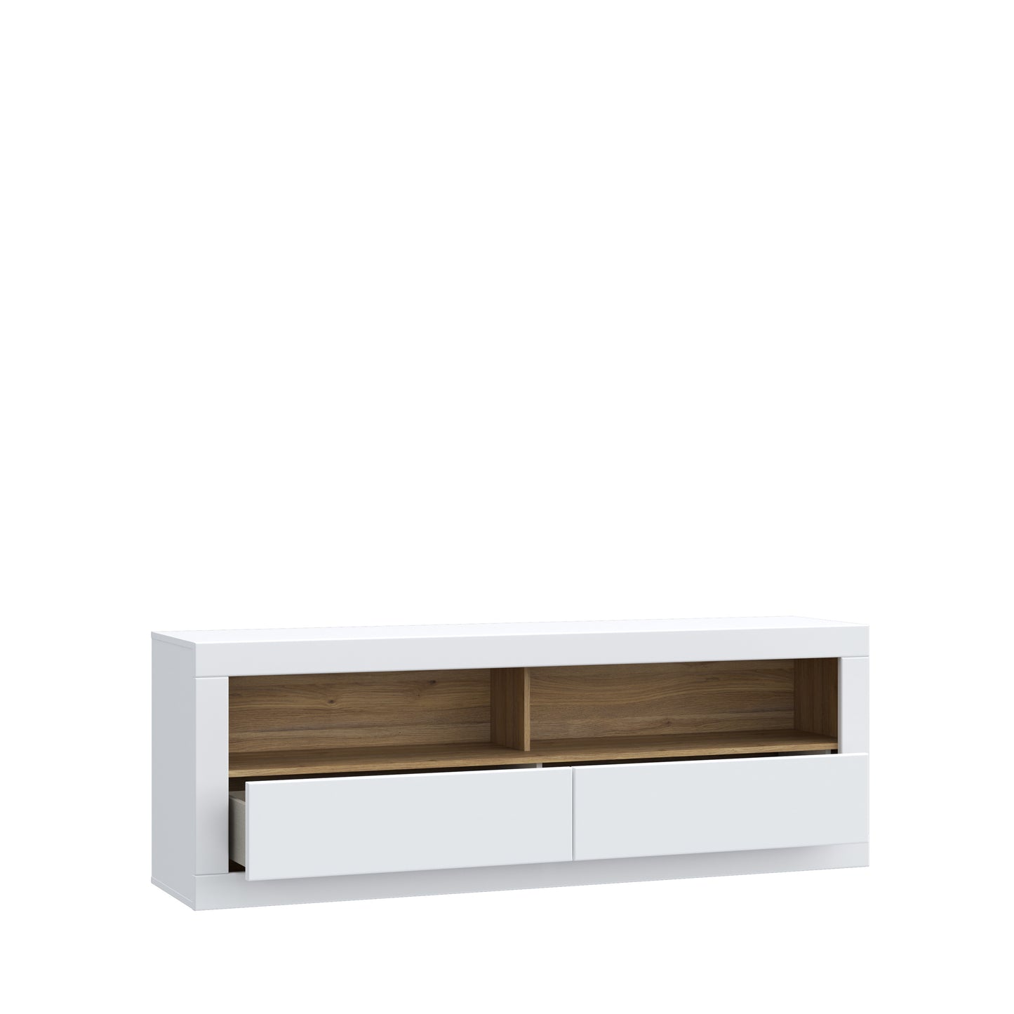 Comoda Tv Mica Lufkira, Sertare cu push-open, Alb Si Stejar Mauvella, 175. 4 Cm