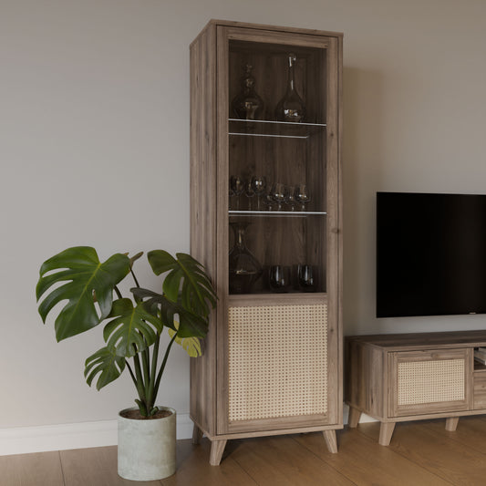 Vitrina Inalta Glowkiss, Stejar Valencia Si Ratan Natural, 64.8 Cm