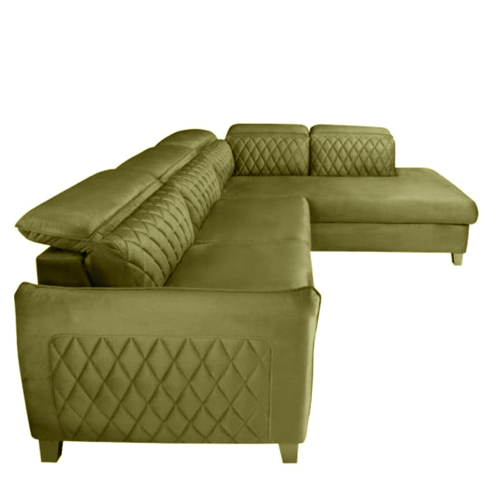Coltar Extensibil Cu Otoman Dreapta Tiago, 5 Locuri, Tetiere Reglabile, Verde Olive, 255 Cm