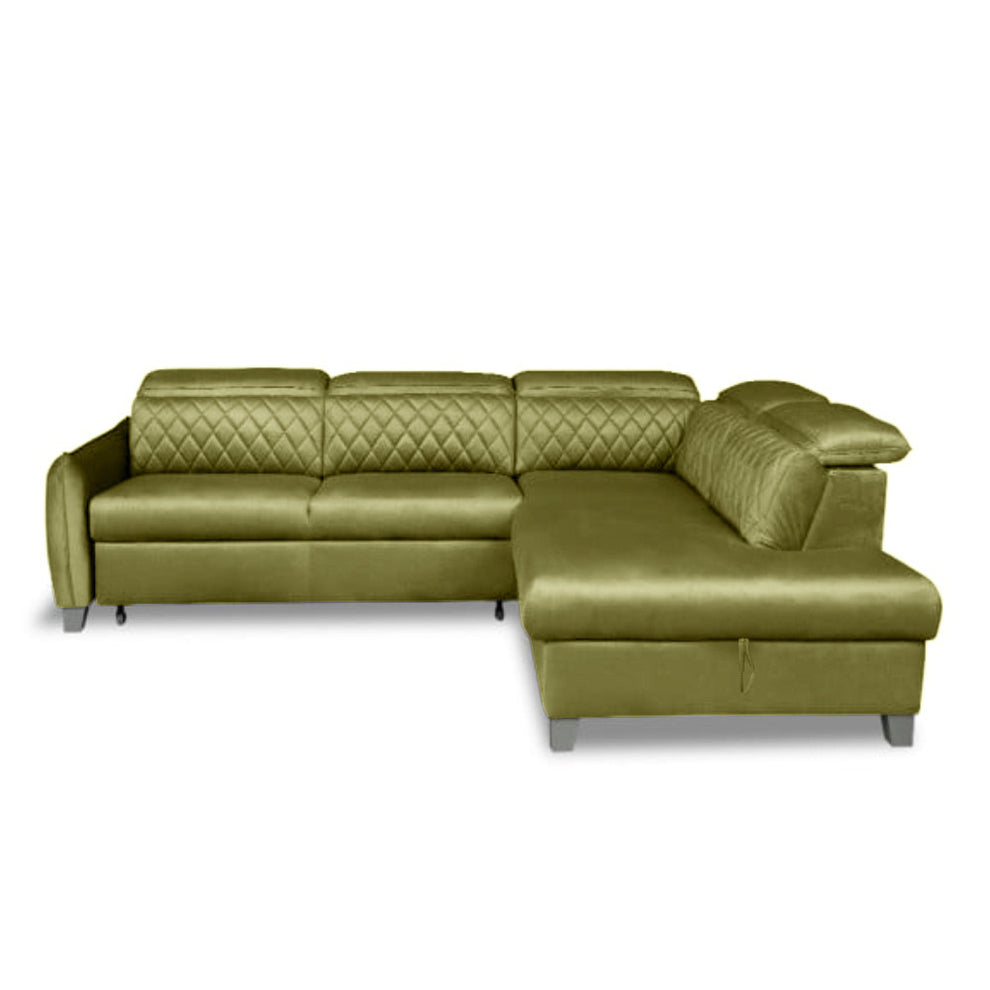 Coltar Extensibil Cu Otoman Dreapta Cu Lada Tiago, 5 Locuri, Tetiere Reglabile, Verde Olive, 255 Cm