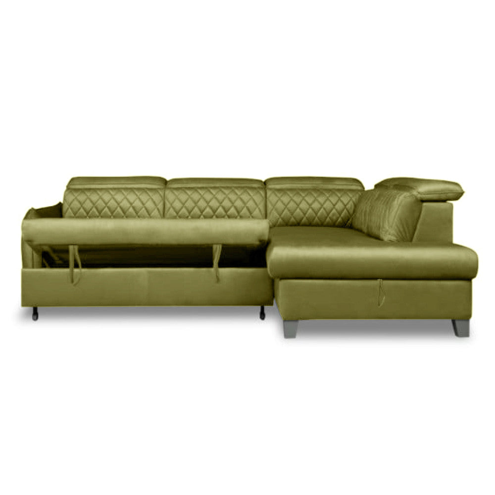 Coltar Extensibil Cu Otoman Dreapta Cu Lada Tiago, 5 Locuri, Tetiere Reglabile, Verde Olive, 255 Cm