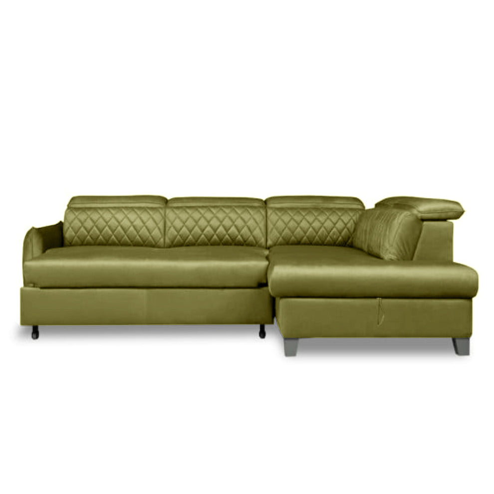 Coltar Extensibil Cu Otoman Dreapta Cu Lada Tiago, 5 Locuri, Tetiere Reglabile, Verde Olive, 255 Cm