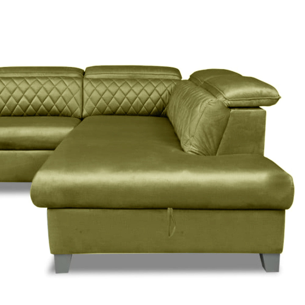 Coltar Extensibil Cu Otoman Dreapta Cu Lada Tiago, 5 Locuri, Tetiere Reglabile, Verde Olive, 255 Cm