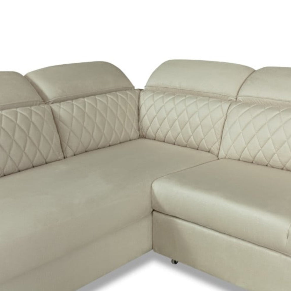 Coltar Extensibil Cu Otoman Dreapta Cu Lada Tiago, 5 Locuri, Tetiere Reglabile, Crem, 255 Cm