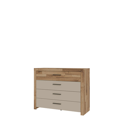 Comoda Cu 4 Sertare Rocco, Stejar pardosit si Nisip, 111 Cm