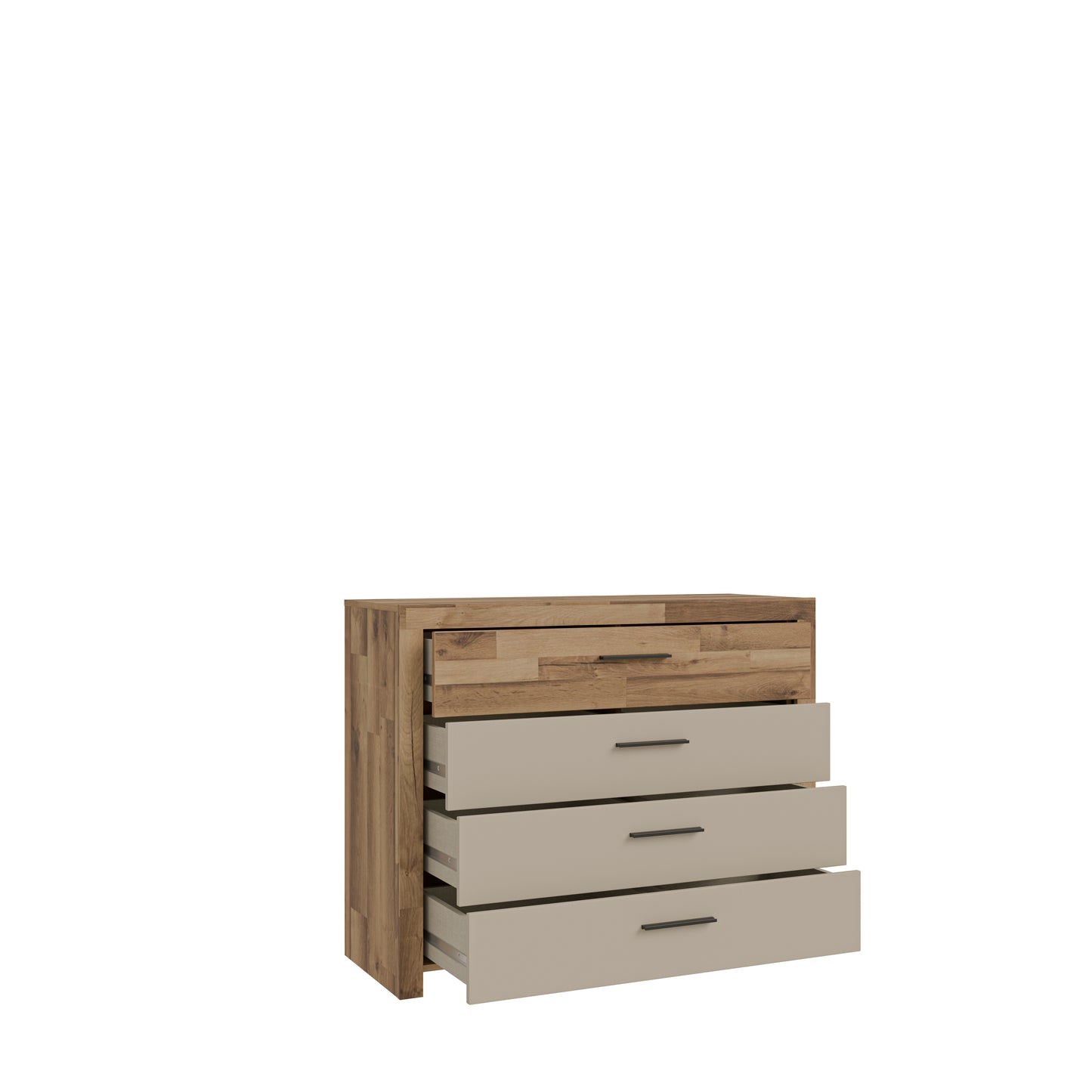 Comoda Cu 4 Sertare Rocco, Stejar pardosit si Nisip, 111 Cm