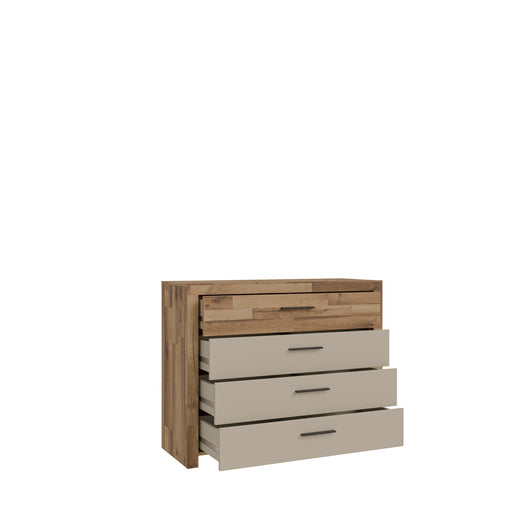 Comoda Cu 4 Sertare Rocco, Stejar pardosit si Nisip, 111 Cm