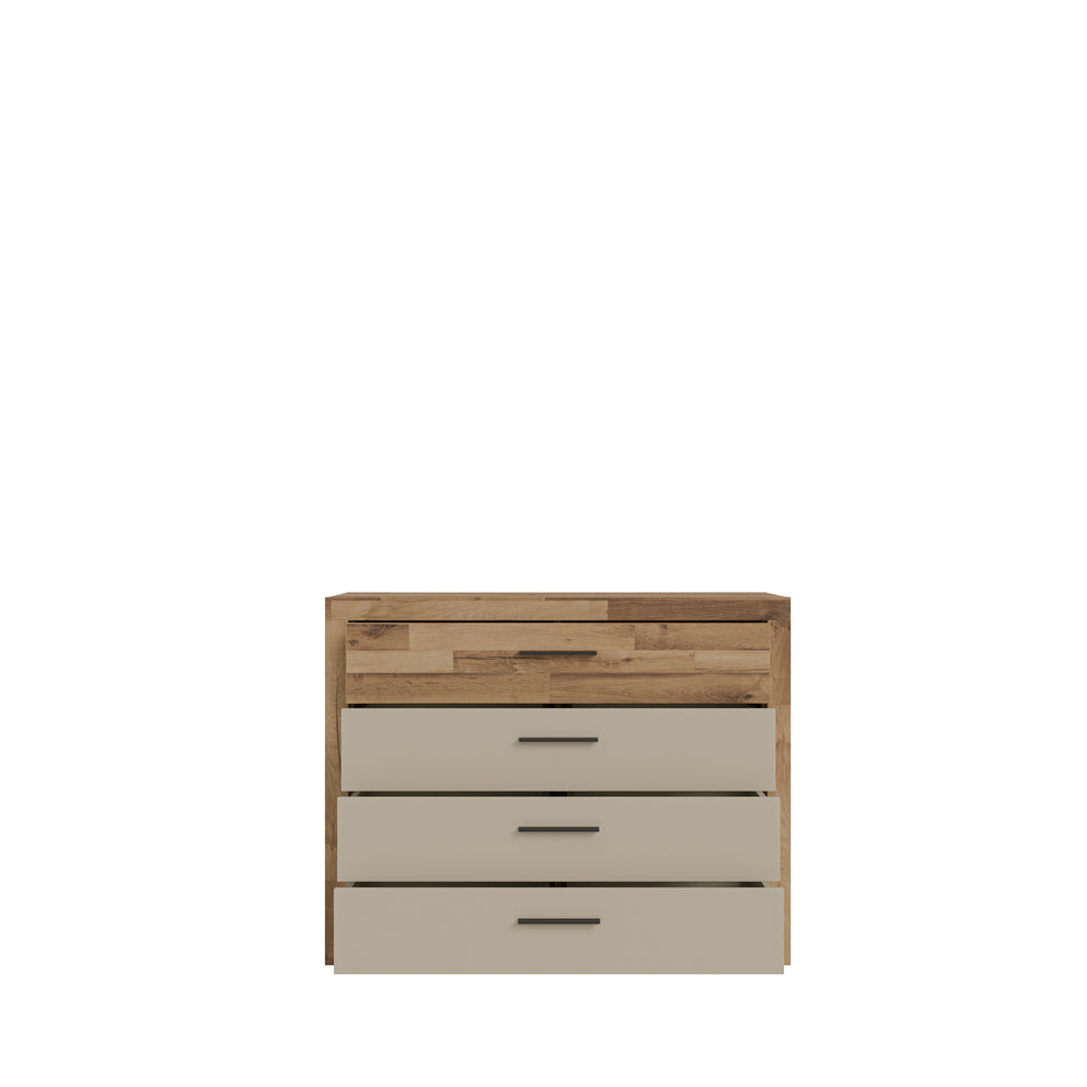 Comoda Cu 4 Sertare Rocco, Stejar pardosit si Nisip, 111 Cm
