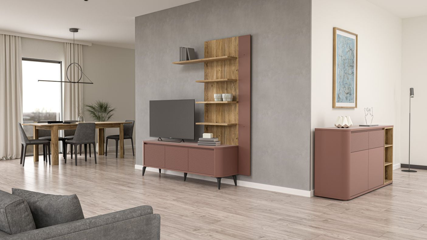 Bufet Cu 2 Usi Si 2 Sertare Bibliotheque , Terracotta si stejar Mauvella, 160 Cm