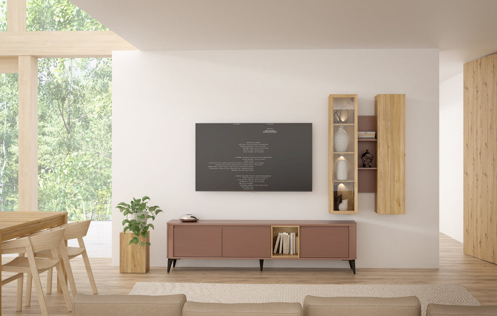 Vitrina Suspendata Bibliotheque, usi cu soft-close, Terracotta si stejar Mauvella, 84.2 Cm