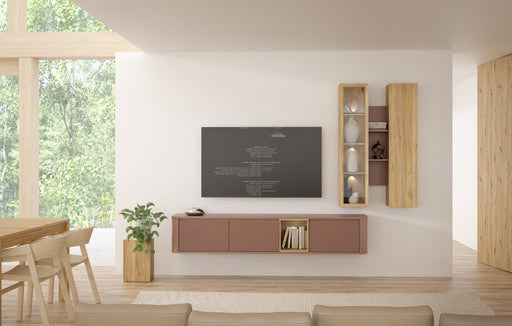 Vitrina Suspendata Bibliotheque, usi cu soft-close, Terracotta si stejar Mauvella, 84.2 Cm