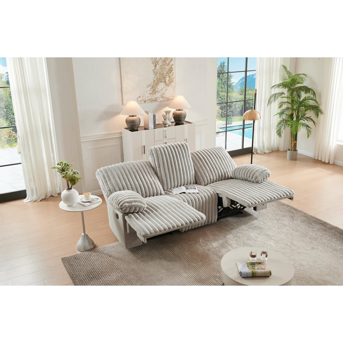 Canapea Siesta 3 Locuri, Recliner, Catifea Raiat Crem, 227 Cm