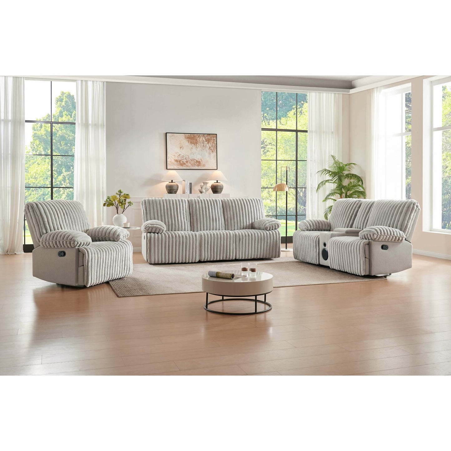 Canapea Siesta 2 Locuri, Recliner, Sistem Audio Si Suport Pahare, Catfea Raiat, Crem, 202 Cm