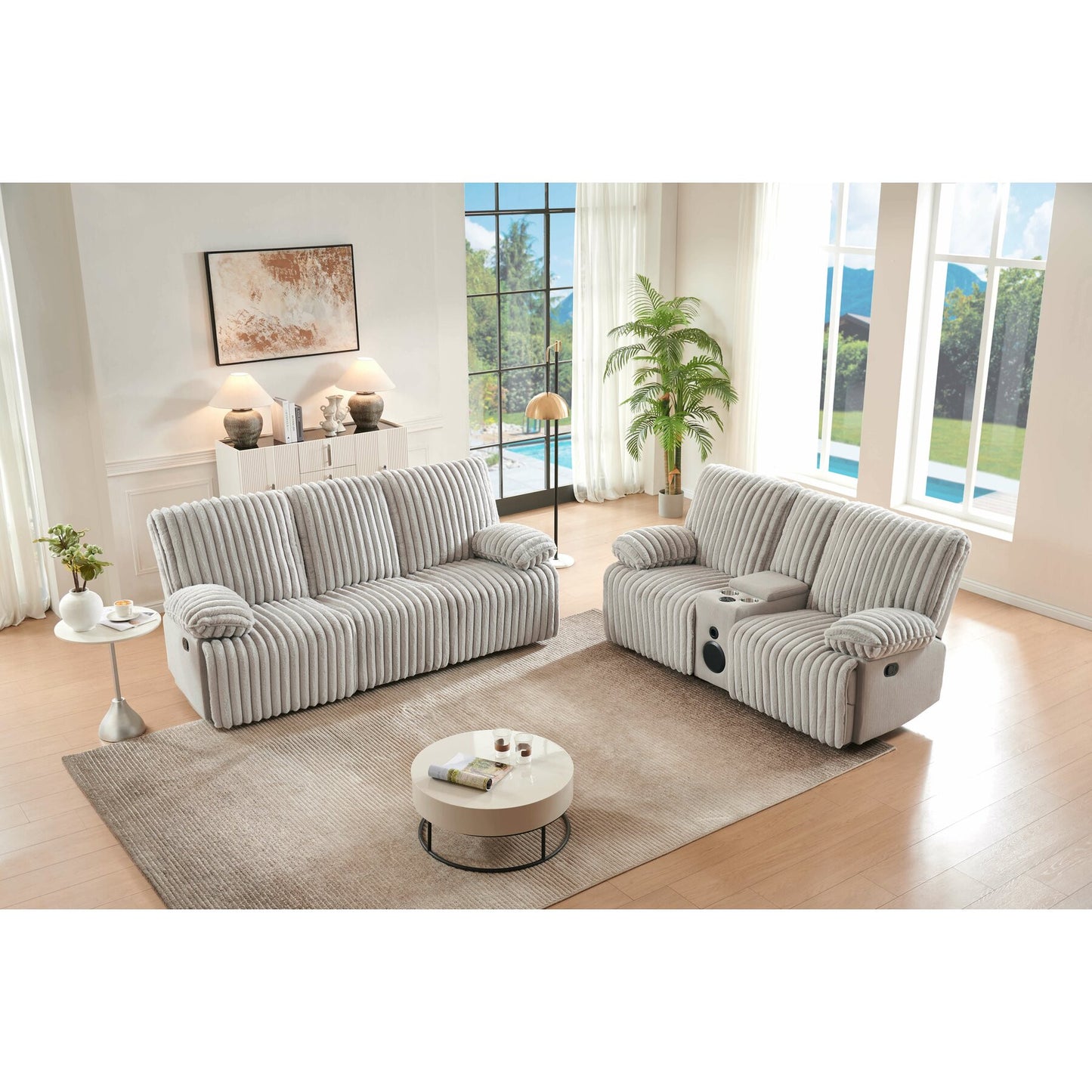 Canapea Siesta 2 Locuri, Recliner, Sistem Audio Si Suport Pahare, Catfea Raiat, Crem, 202 Cm