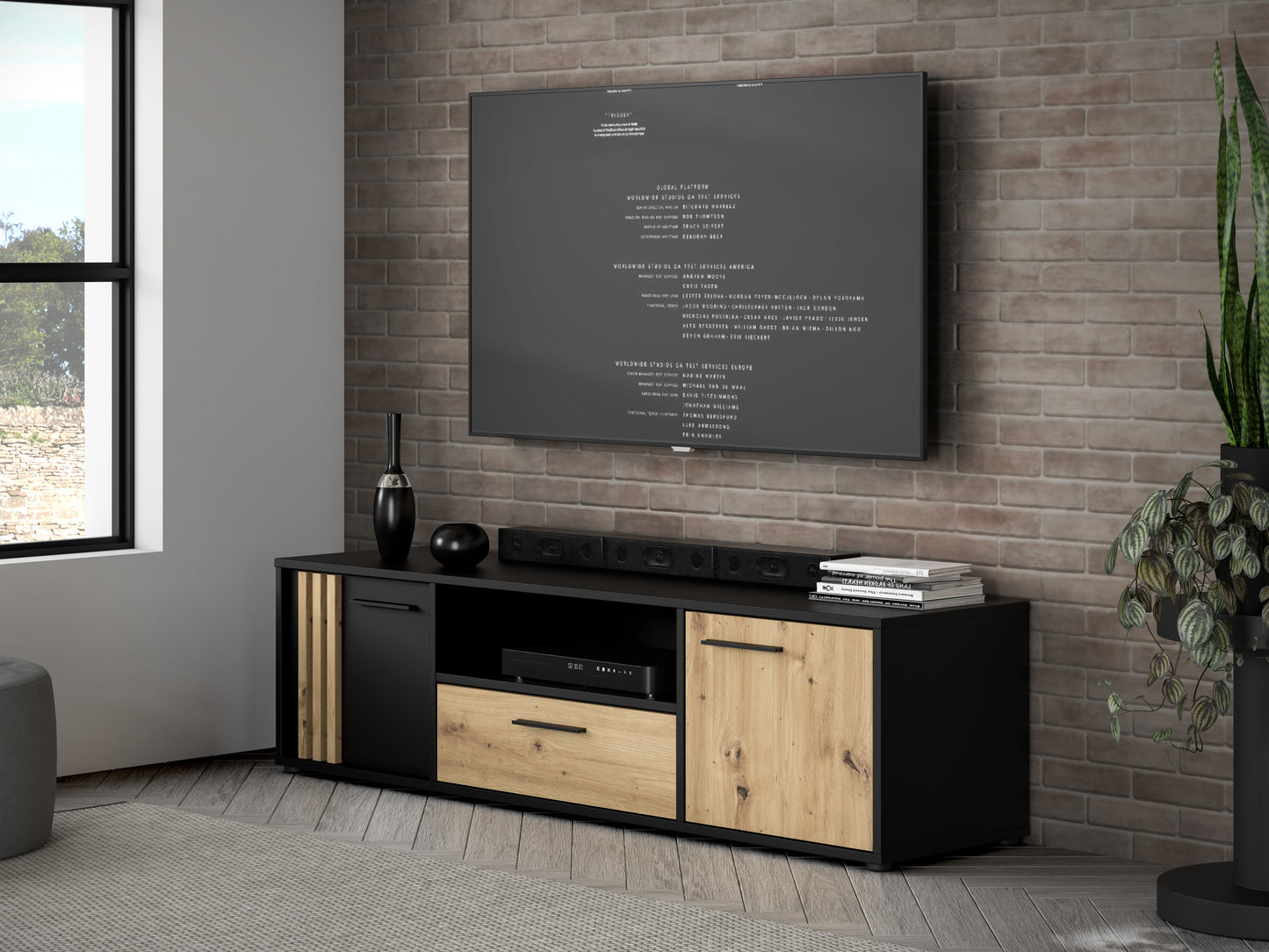 Comoda Tv Mare Cordega, Negru Si stejar Artisan, 162.6 Cm