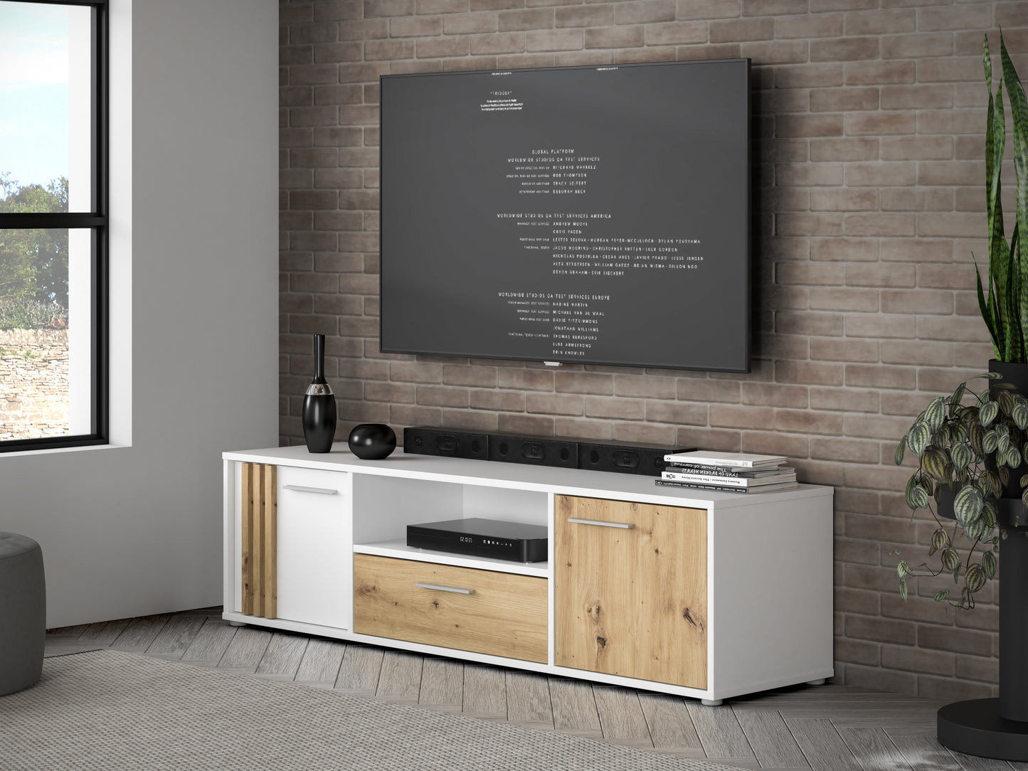 Comoda Tv Mare Cordega, Alb Si Stejar Artisan, 162.6 Cm