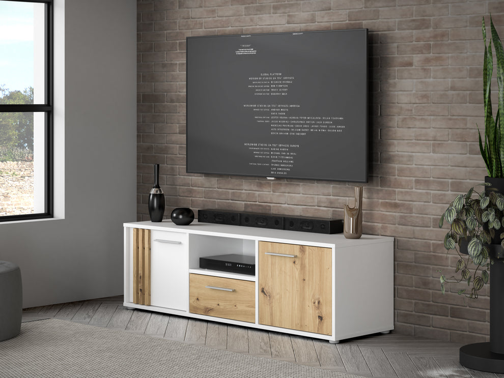 Comoda Tv Mica Cordega Alb Si Stejar Artisan, 142.6 Cm