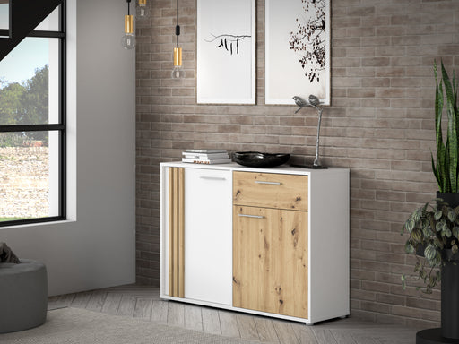 Comoda 2 Usi Si 1 Sertar Cordega Alb Si Stejar Artisan, 115.8 Cm