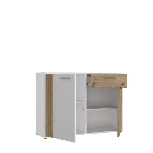Comoda 2 Usi Si 1 Sertar Cordega Alb Si Stejar Artisan, 115.8 Cm
