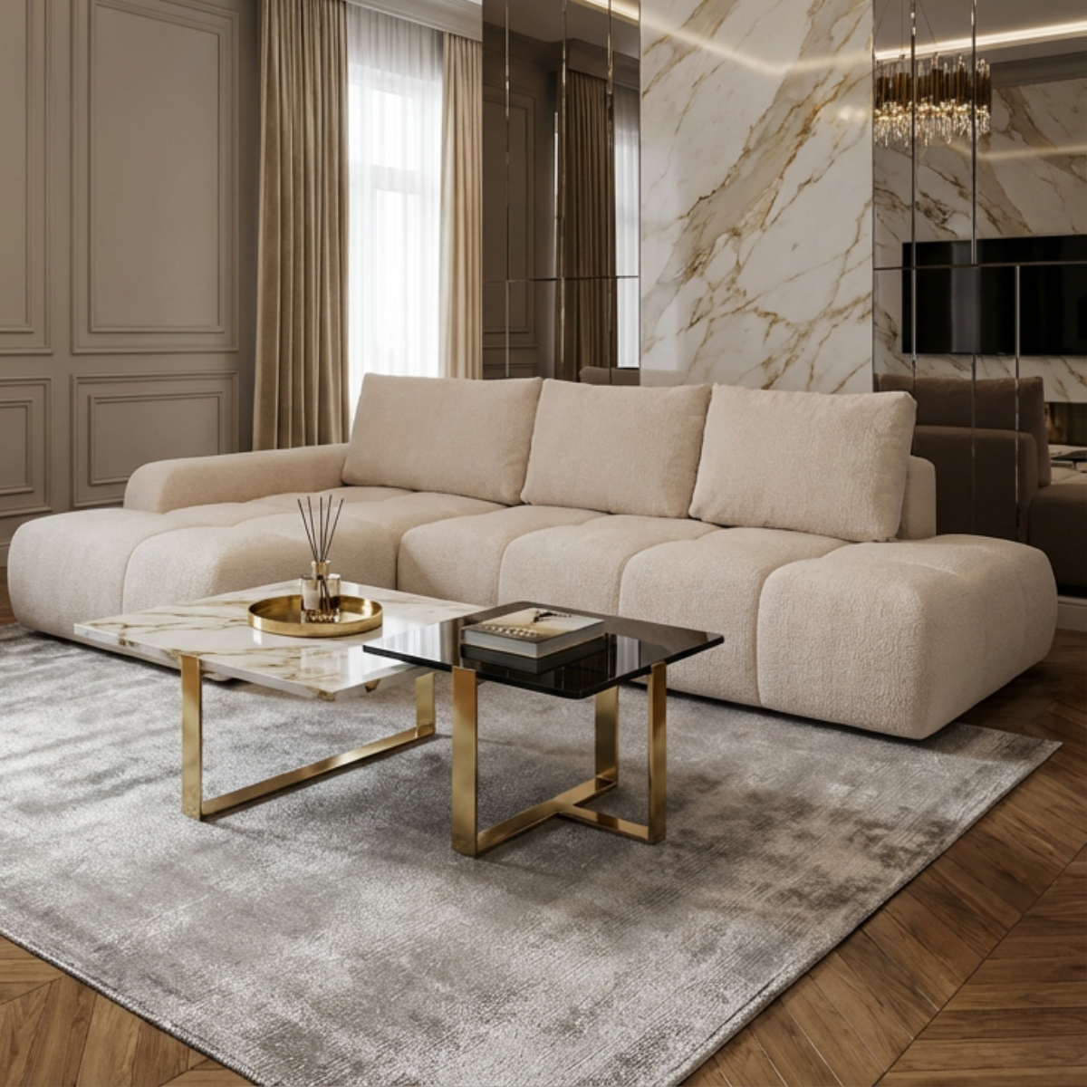 Coltar Extensibil Stanga Luna, Lada Depozitare, 5 Locuri, ONYX 1 IVORY, 270 Cm