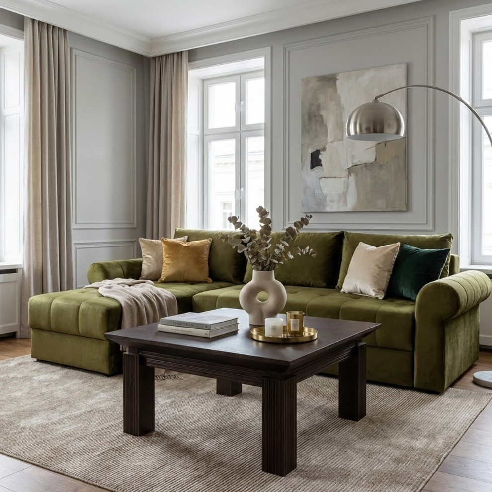 Coltar Extensibil Stanga Trendy, 5 Locuri, Lada Depozitare, Verde, 275 Cm