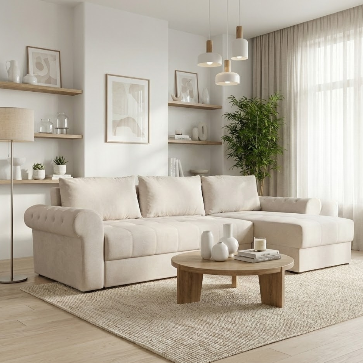 Coltar Extensibil Dreapta Trendy, 5 Locuri, Lada Depozitare, Wind 5, Crem, 275 Cm