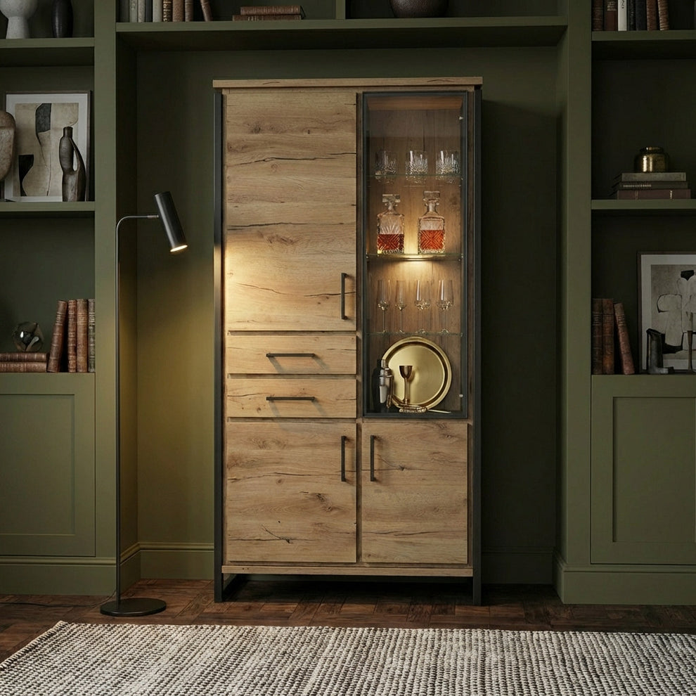 Vitrina Cu 3 Usi Si 2 Sertare Reno, Smoked Oak, Furnir Din Lemn Masiv, 100 Cm