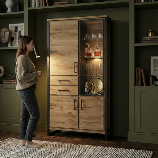 Vitrina Cu 3 Usi Si 2 Sertare Reno, Smoked Oak, Furnir Din Lemn Masiv, 100 Cm