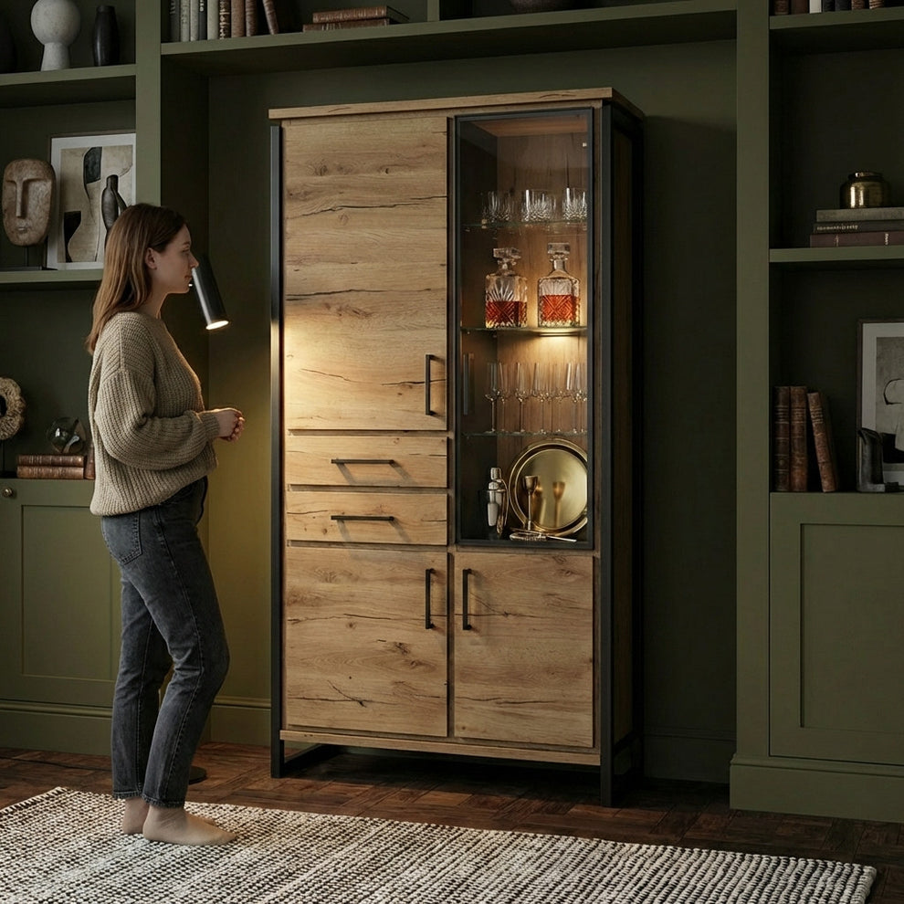 Vitrina Cu 3 Usi Si 2 Sertare Reno, Smoked Oak, Furnir Din Lemn Masiv, 100 Cm
