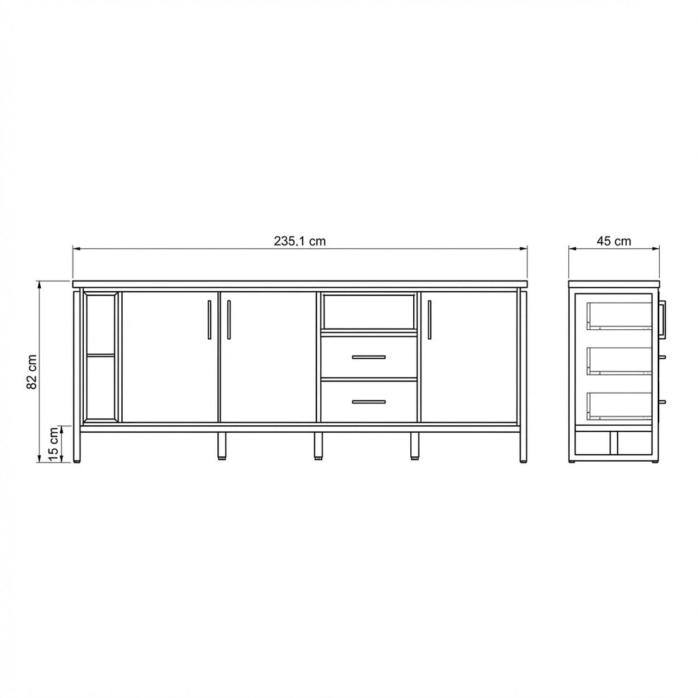 Bufet Reno 235.1x45x82 cm, Furnir Lemn Stejar Afumat si Negru, Mobila Sufragerie, 3 Usi 2 Sertare, Inchidere Silentioasa