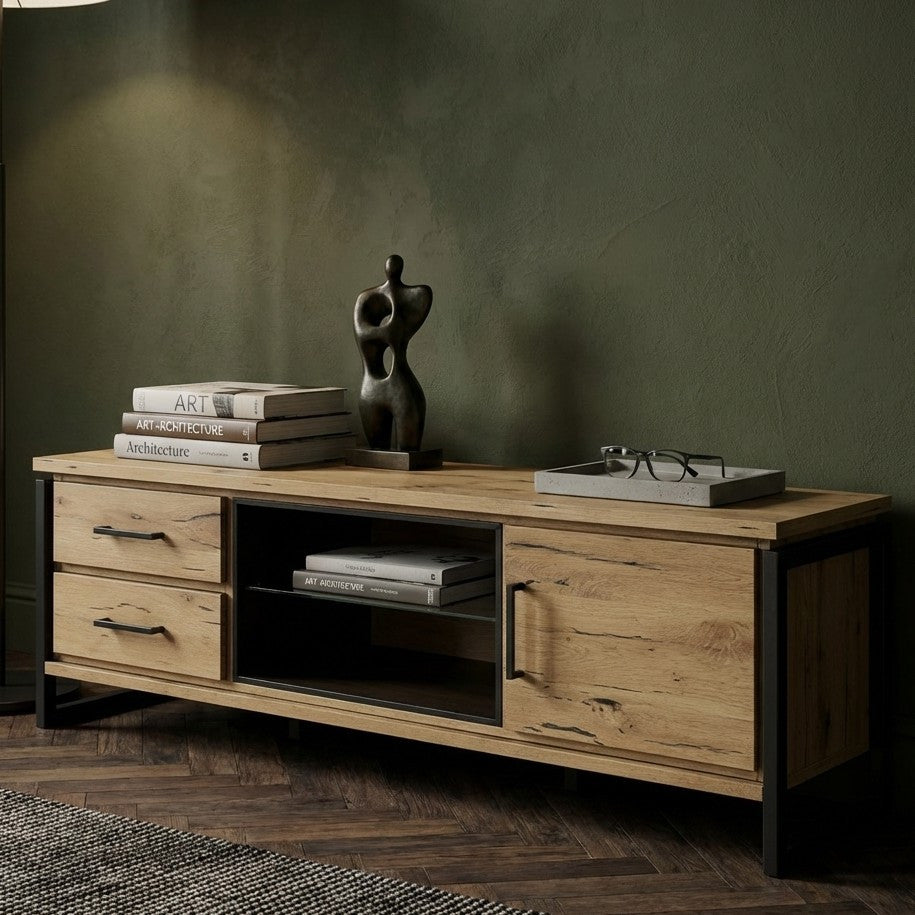Comoda Tv Cu Furnir Din Lemn Masiv Reno Smoked Oak, 170 Cm