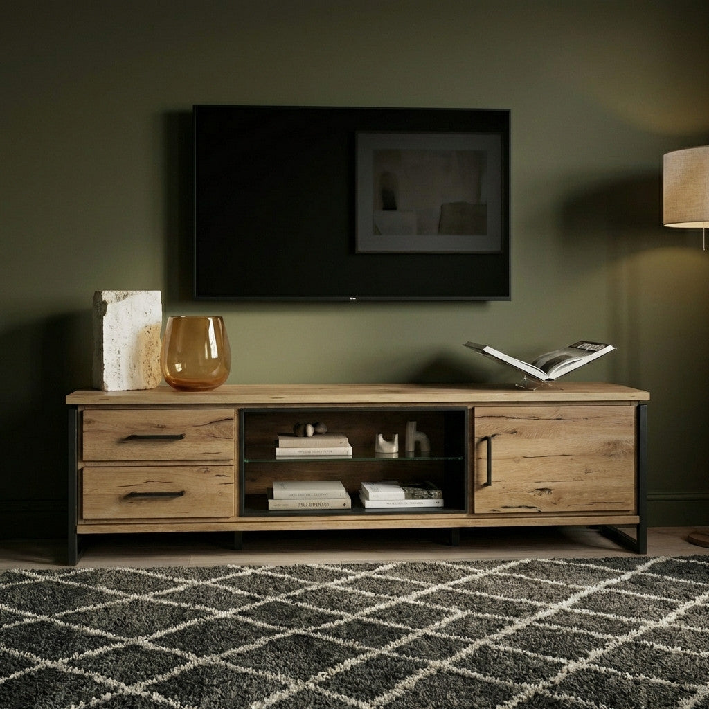 Comoda Tv Reno Smoked Oak, Furnir Din Lemn Masiv, 200 Cm