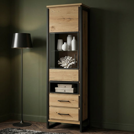 Vitrina Stanga Reno Cu 1 Usa Si 2 Sertare, Smoked Oak, 60 Cm
